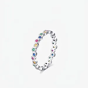 S925 Sterling Silver Rainbow Ring For Women Colorful Zirconia Eternity Band Thin Stacking Minimalist Fashion Jewelry Finger Ring