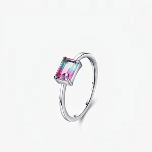 Minimalist 925 Sterling Silver Ring For Women Rectangular Gradient Tourmaline Stone Elegant Finger Ring Fashion Jewelry