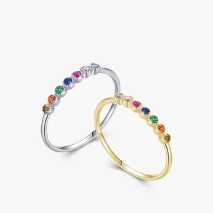 925 Sterling Silver Rainbow Zirconia Ring For Women Korean Style Simple Colorful Stackable Thin Band Geometric Ring Jewelry Gift