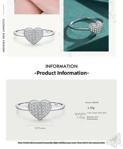 Detailed view of S925 sterling silver heart ring with pavé diamonds and 7.8x9.4mm dimensions
