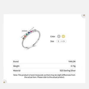 Minimalist 925 sterling silver rainbow ring featuring seven colorful zirconia stones