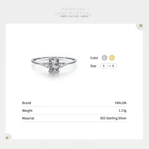 Sparkling S925 sterling silver ring with rectangular gemstone in gold and silver finish