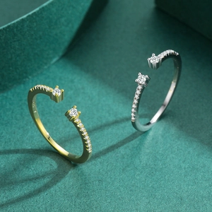 925 Sterling Silver adjustable open rings with cubic zirconia in gold and silver finish
