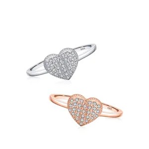 Elegant S925 sterling silver heart rings with pavé cubic zirconia in silver and rose gold