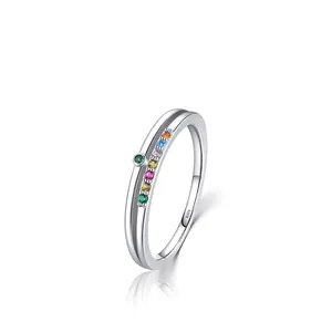 Minimalist S925 sterling silver double layer ring with rainbow zircon and green stone