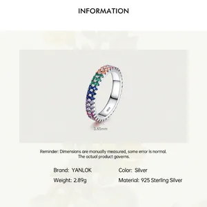 S925 sterling silver ring with multi-row pavé-set colorful gemstones, 3.65mm width