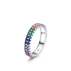 Elegant S925 sterling silver eternity ring featuring vibrant rainbow zircon gemstones