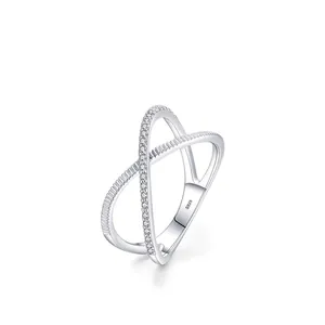 S925 sterling silver geometric cross ring with micro-pave crystals and striped texture