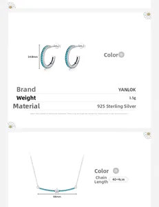 Detail view of S925 sterling silver C-shaped earrings and necklace with turquoise stones