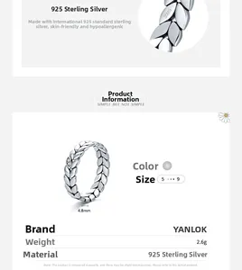 Détails de la bague feuille de blé en argent 925, largeur 4,8mm et poids de 2,6g