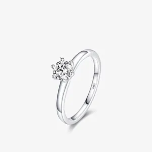 Elegant 925 Sterling Silver Six-Prong Solitaire Zirconia Ring For Women Minimalist Fashion Adjustable Finger Ring Jewelry