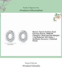 Detailed specs for 925 sterling silver oval stud earrings with synthetic zirconia