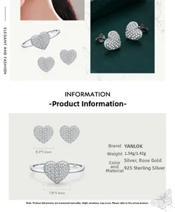 Detailed view of 925 sterling silver heart jewelry set with size dimensions and specifications