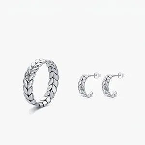 Bague Feuille en Argent Sterling 925 Vintage pour Femmes Épi de Blé Strass Micro-Incrusté Bijoux Mode Boucles d'Oreilles Créoles