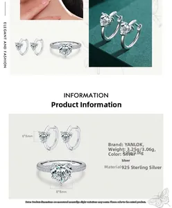 Detailed view of 925 sterling silver heart zircon jewelry set with precise dimensions