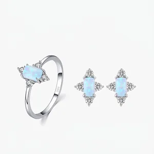 925 Sterling Silver Inlaid Synthetic Opal Jewelry Set For Women Elegant Ring Stud Earrings Light Luxury Accessories Gift