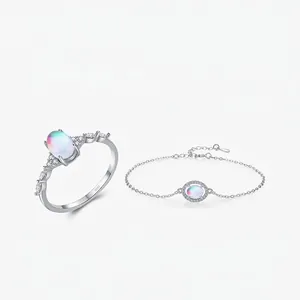 925 Sterling Silver Moonstone Jewelry Set Women Oval Moonstone Ring And Bracelet Rhinestone Inlaid Elegant Accessories