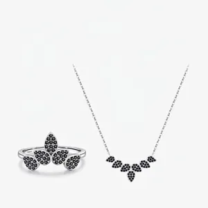 925 Sterling Silver Leaf Ring Necklace Black Zirconia Inlaid Dainty Fashion Jewelry Accessory For Women Elegant Gift