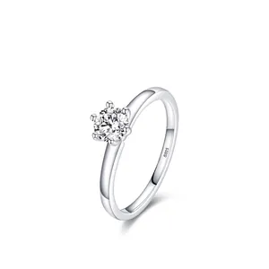 Classic 925 sterling silver six-prong solitaire ring with a round brilliant cut stone