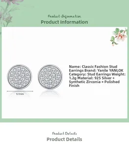 Detail view of 6.5mm 925 sterling silver stud earrings with sparkling cubic zirconia