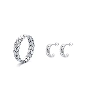 Parure bague et boucles d'oreilles en argent 925 avec feuilles et oxydes de zirconium