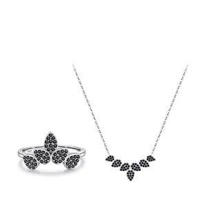 S925 sterling silver jewelry set featuring leaf rings and necklace with black zircons