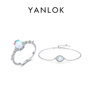 925 Sterling Silver jewelry set featuring Moonstone ring and chain bracelet on white background