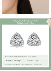 Macro detail of 925 sterling silver triangle earrings with sparkling cubic zirconia studs