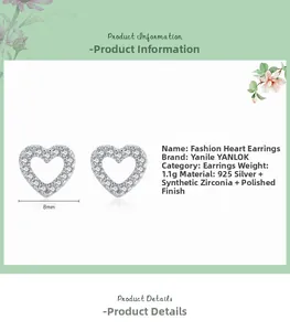 Detailed view of 925 sterling silver heart stud earrings with size and material specifications