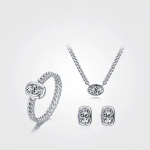 925 Sterling Silver Zirconia Jewelry For Women Oval Pendant Necklace Stud Earrings Band Ring Minimalist Design