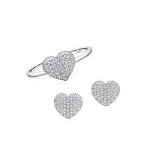 925 Sterling Silver Heart Jewelry For Women Elegant Pave Rhinestone Heart Ring And Stud Earrings Fashion Jewelry Decoration