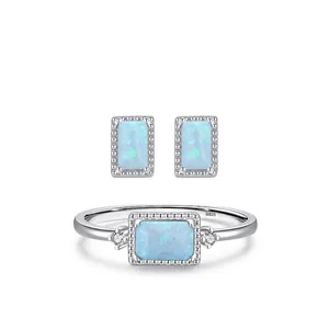 Set Gioielli in Argento Sterling 925 Opale Artificiale Anello con Strass Rettangolare Orecchini a Bottone Donna Accessori Lusso