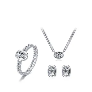 925 silver jewelry set with oval zircon ring, necklace and earrings in twist design