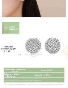 Macro detail of 9.8mm S925 sterling silver round stud earrings with pavé cubic zirconia