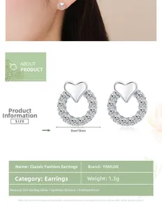 Dettaglio di orecchini a cuore in argento 925 con zirconia e specifiche dimensionali