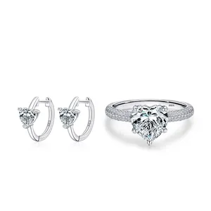 Elegant S925 sterling silver jewelry set featuring heart-shaped zircon ring and earrings