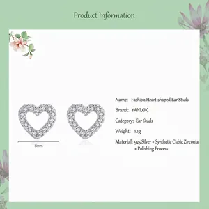 Elegant 925 sterling silver heart stud earrings with cubic zirconia pave and polished finish