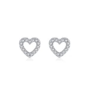 Elegant 925 sterling silver heart stud earrings with sparkling pave-set cubic zirconia