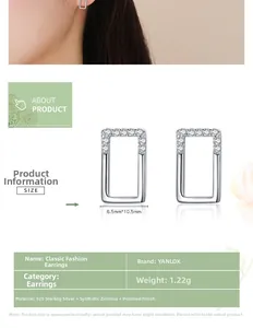 Détails des boucles d'oreilles rectangulaires en argent 925 avec zirconiums cubiques