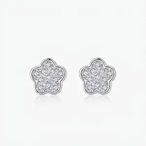 Boucles d'Oreilles Clous Fleur en Argent Sterling 925 Micro Incrusté Femme Zirconia Brillant Bijoux Minimalistes