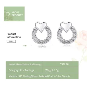 Orecchini a perno a cuore in argento sterling 925 con zirconi cubici lucidi