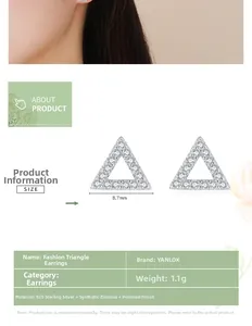 Detail view of 925 sterling silver triangle stud earrings with micro-set zirconia stones