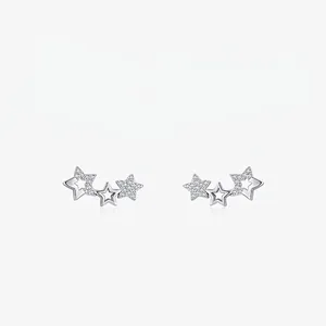 Minimalist 925 Sterling Silver Star Earrings for Women Triple Five-Pointed Star Stud Earrings with Paved Zirconia Jewelry Gift