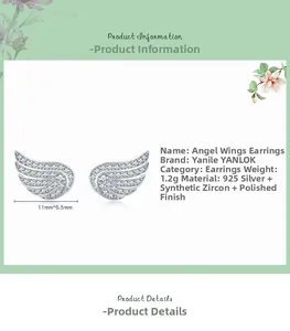 Detailed view of S925 sterling silver angel wing earrings with micro-set cubic zirconia stones