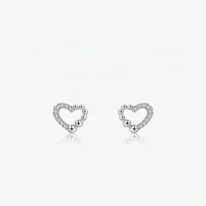 925 Sterling Silver Asymmetric Heart Stud Earrings With Zirconia Inlay Micro Pave Polished Beads Minimalist Fashion Jewelry