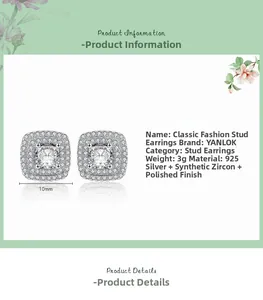 Detail view of 925 sterling silver square stud earrings with 10mm sparkling zircon stones