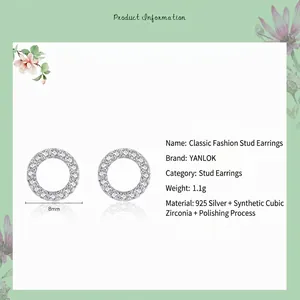 Polished 925 sterling silver hollow round stud earrings with cubic zirconia 8mm