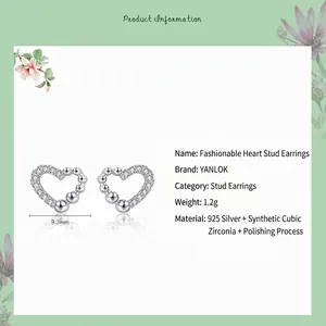925 sterling silver heart stud earrings with cubic zirconia and polished bead finish