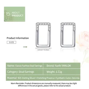 Boucles d'oreilles rectangulaires en argent 925 avec zircons, taille 6,5mm x 10,5mm
