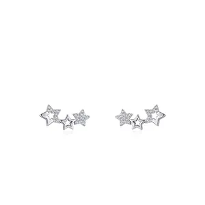 Elegant 925 sterling silver triple star earrings with pavé zircons and hollow design